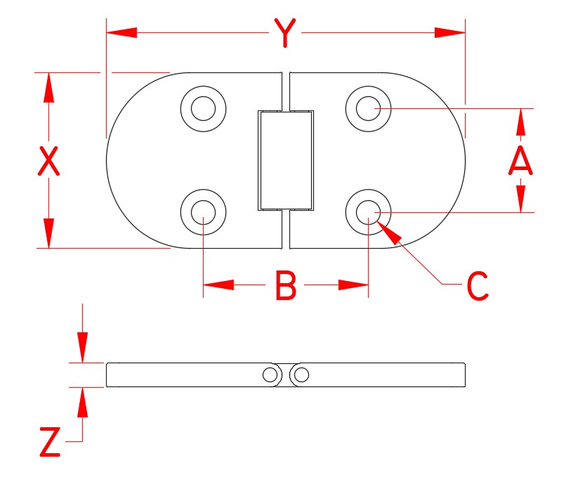 Stainless Steel Heavy Duty Flush Table Hinge, S3833-0001, Line Drawing